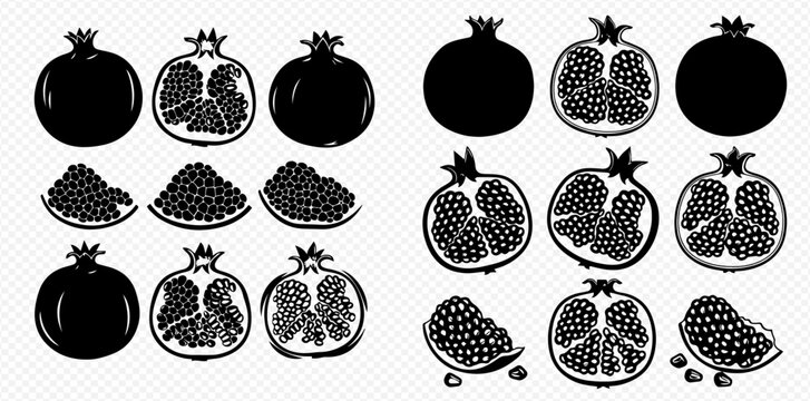 Set of black and white pomegranate silhouettes, whole and cut fruits with seeds, vector illustration.