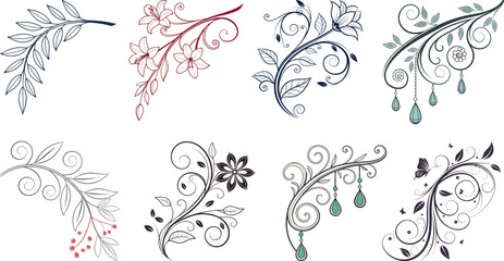 Set of eight ornate floral corner flourishes and swirls in various colors and styles for decoration or design elements