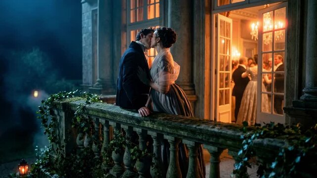 Romantic couple kissing on stone balcony at night during historical ball. Regency era man and woman sharing intimate moment outside luxury mansion while people dance inside. Victorian love story