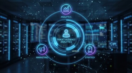 Fototapeta premium Target audience analytics marketing strategy holographic digital data network dashboard technology futuristic holographic target audience analysis business insight diagram interface screen glow