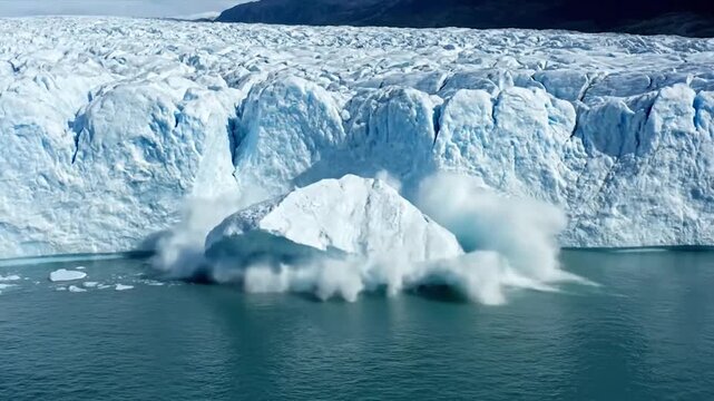 A massive iceberg calving off a glacier into the ocean. Water and sky with ice