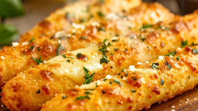 Delicious golden-brown breadsticks topped with melted cheese and fresh herbs, ready to eat.