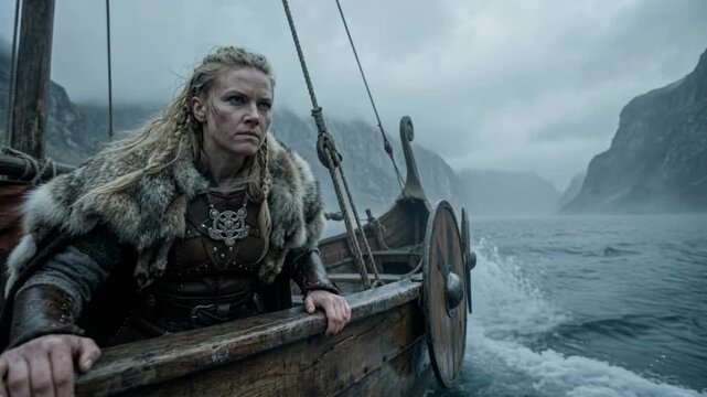 Viking warrior woman sailing on wooden longship through stormy fjords. Nordic shieldmaiden with blonde braids and fur armor looking at sea horizon. Historical adventure and exploration journey