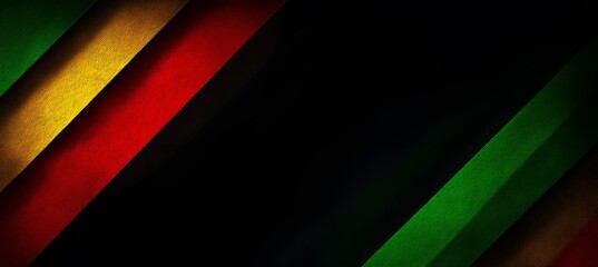 Black history month banner with red, green and yellow diagonal stripes on dark background. Pan african inspired design symbolizing heritage, unity, equality, cultural pride for awareness campaigns.