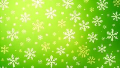 Snowflakes fall gently on a green background with white snowflakes and dots.