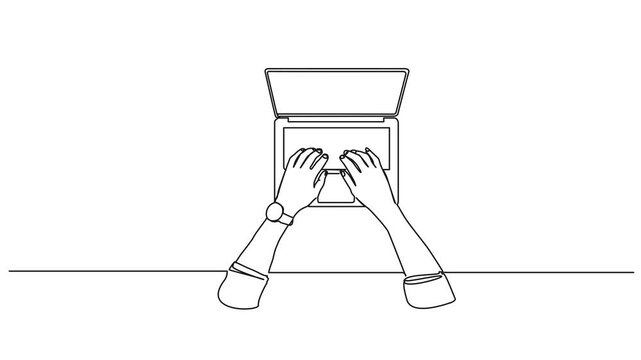 animated continuous line drawing of hands on laptop computer, line art animation
