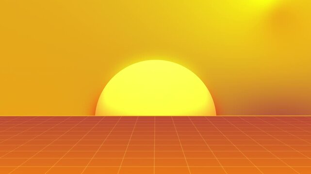 80s Retro Synthwave Background with Glowing Sun and Perspective Grid. sunset and an orange perspective grid floor. Abstract 80s sci-fi, vaporwave, and synthwave style motion graphic.