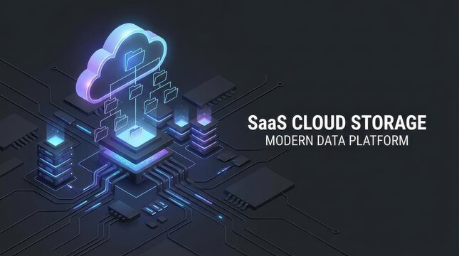 SaaS cloud storage modern data digital network technology background data platform server abstract 3d render database innovation concept digital network illustration with glowing cloud icon