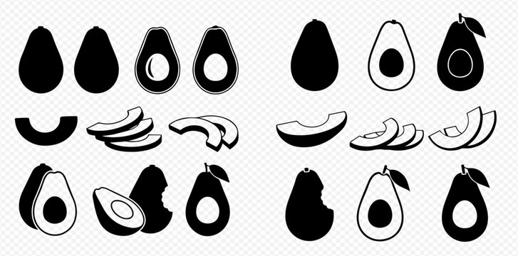 Avocado fruit silhouettes and outlines collection, whole, half, sliced, and bitten avocado vector illustration set.