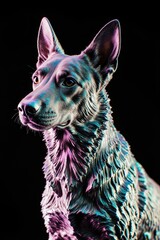 Dog statue looking sideways with colorful shining fur texture