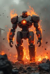 Powerful robot standing amidst burning destruction and smoke