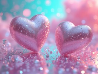 Pink glitter hearts reflecting on sparkling surface