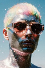 Young person with rainbow hair and glitter makeup wearing sunglasses on a sunny day.