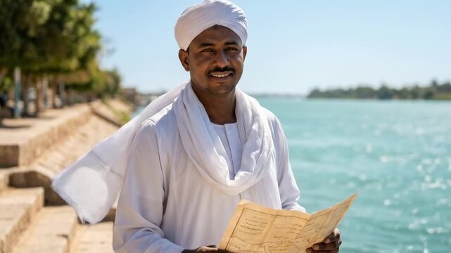 A sudanese man dressed in traditional white attire stands by a river, holding a map or document, surrounded by greenery and water under a clear blue sky, exuding a sense of adventure and culture