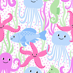 Fototapeta premium Vector seamless pattern with cute sea creatures