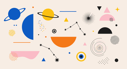 Abstract Cosmic Elements and Celestial Bodies in Modern Geometric Style. © Gajah