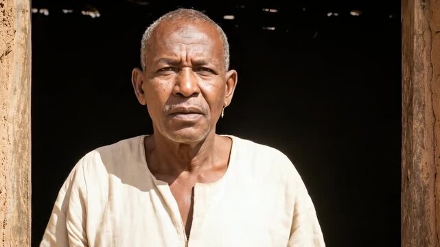 A middle-aged sudanese man stands in a doorway, wearing a light-colored tunic, with a serious expression. The background is dark, contrasting with his clothing and highlighting his features