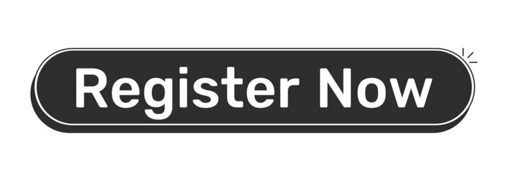 Register now rounded modern black UI element. User registration open. Enrollment sign up. Quick event signup. Monochrome clickable button. Flat web CTA with white bold text. Rubik font used