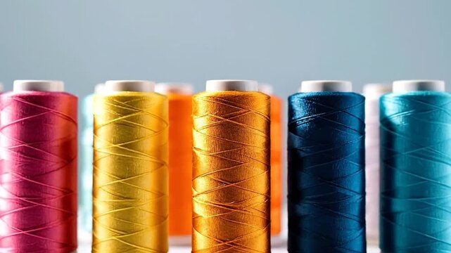 Vibrant spools of thread in various colors arranged on a reflective surface, studio shot.