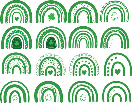 Set of 16 green rainbow illustrations with shamrock and heart motifs for st patricks day