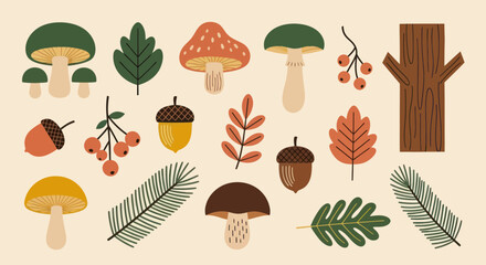 Autumn forest elements collection with mushrooms, leaves, acorns, and berries. © Gajah