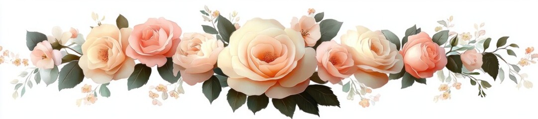 soft peach and blush pink roses garland with small blossoms and green leaves on white background, evoking romantic elegant serenity