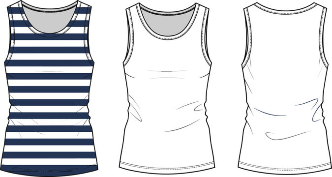 Fashion technical flat sketch of sleeveless tank top with striped design, seam details, wrinkle shading and garment construction illustration