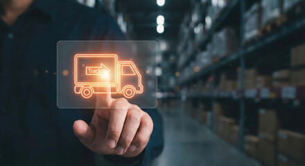 Smart logistics and supply chain management with digital truck delivery icon.