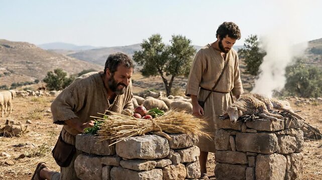 A conceptual representation of ancient biblical devotion showing Cain and Abel offering their respective sacrifices of grain and livestock upon stone altars in a vast mountain landscape