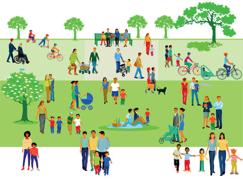 Gro&szlig;e Menschengruppen in der Freizeit mit Eltern und Kindern  Illustration