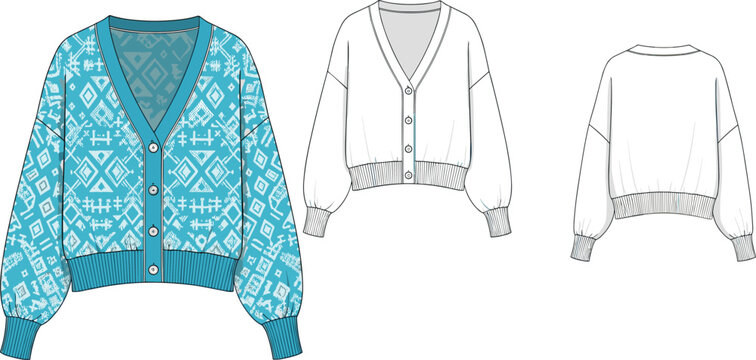 Fashion technical flat sketch of women&rsquo;s cardigan sweater with V-neckline, button-down front, ribbed cuffs, hem and geometric pattern design