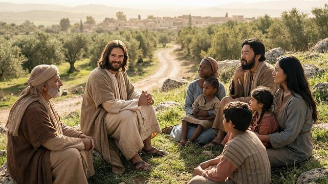A conceptual representation of biblical teaching and communal faith showing Jesus Christ sitting with a diverse group of followers in a scenic olive grove during sunset