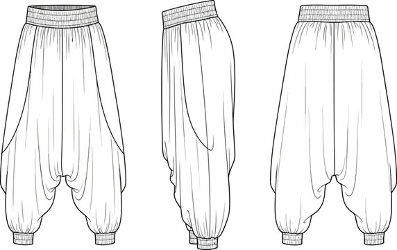 Technical fashion illustration of harem pants with front, side, and back views showing dropped crotch, elastic waistband, cuffs, and tapered legs