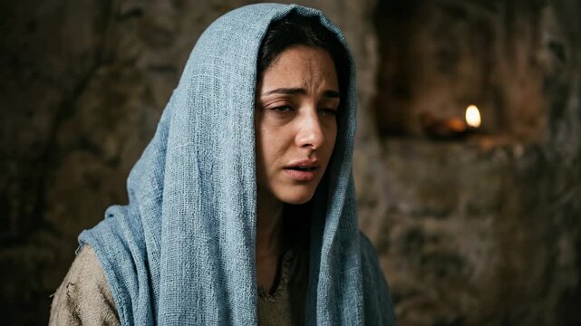 A conceptual study of biblical grief showing Virgin Mary in a blue headscarf weeping in a dark cavernous setting representing spiritual sorrow and the weight of persecution