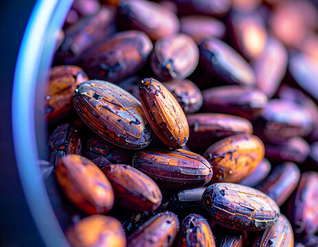 Castor Beans with Glossy Patterns. A close-up view of castor beans with dark reddish-brown glossy surfaces and intricate vein-like patterns. 