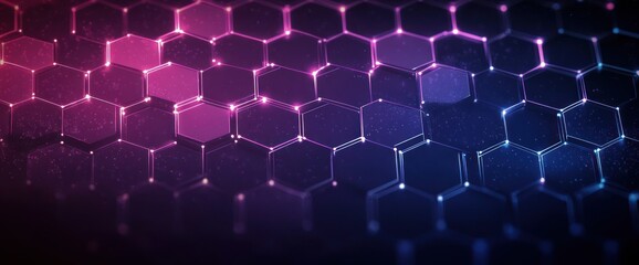 Obraz premium glowing neon hexagonal honeycomb grid of purple and blue tiles on a dark background with glowing edges, floating particles and depth, evoking a futuristic energetic mood
