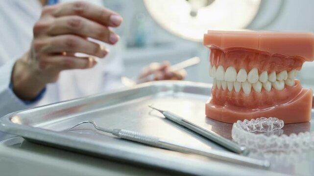 Close up of dentist hand taking metal tools from tray in modern dental clinic. Doctor picking up mirror and probe for teeth examination. Stomatology and oral healthcare concept square