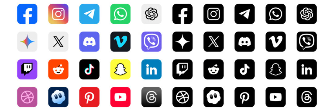 Social Media Icons. AI chat logo. Chat GPT, Gemini, Sora, Google Play and App Store Buttons. Vector Illustration