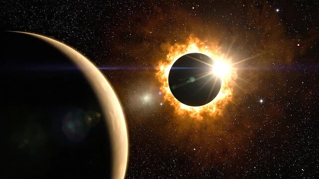 A celestial event showcasing a solar eclipse with planets and a vibrant background of stars and nebulae.
