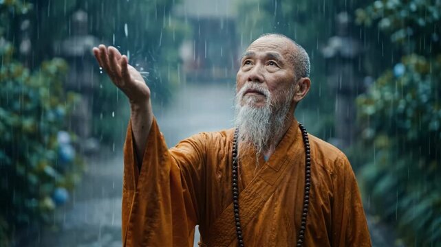 Old buddhist monk in orange robe catching rain drops with hand in garden. Senior wise man with white beard looking up at falling water. Spiritual meditation and nature connection square