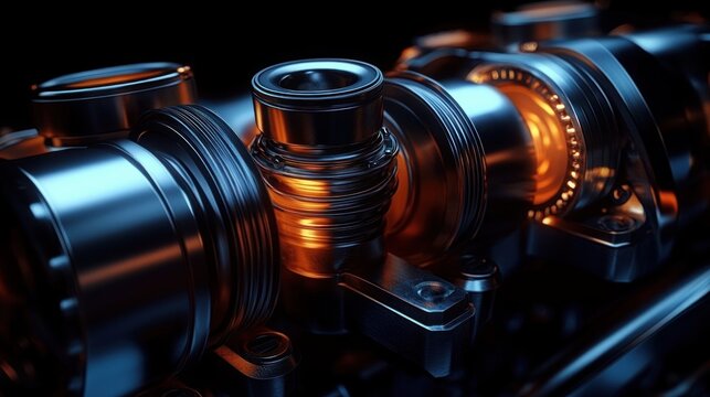 Close-up of shiny camshaft and valve lifters in engine assembly with warm glowing light and cool blue reflections conveying precision and mechanical power