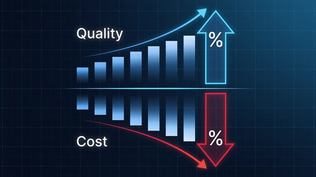 Business quality increase and cost reduction concept with up, down arrow and percentage bars showing rising quality and declining cost. Successful organization strategy and management