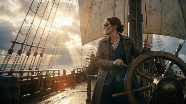 Female pirate captain steering a ship wheel on the ocean. Woman with eye patch navigating a sailboat through rough waves at sunset. Adventure and fantasy movie scene. Cinematic travel footage