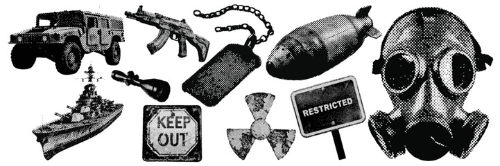 Obraz premium Set of Military war and army halftone grunge vector design elements