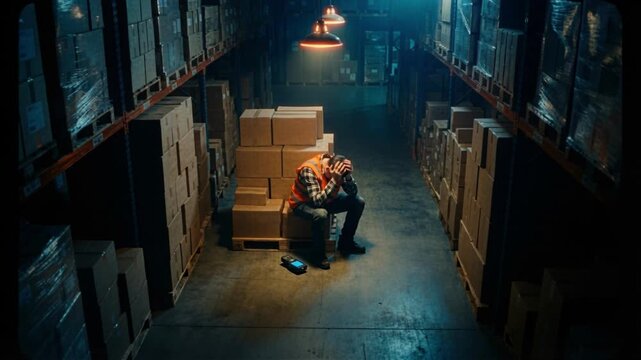 Depressed warehouse worker sitting on a pallet with head in hands. Stressed male employee suffering from burnout in a dark logistic center. Job crisis and mental health concept