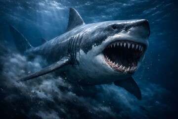Fototapeta premium Great white shark swimming underwater with mouth open showing sharp teeth in a dramatic ocean scene with sunlight filtering through the water.