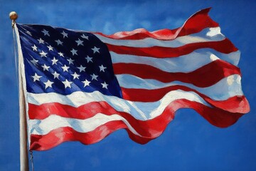 Obraz premium Waving stars and stripes flag on a pole against a vivid blue sky, flowing fabric conveying pride and resilience