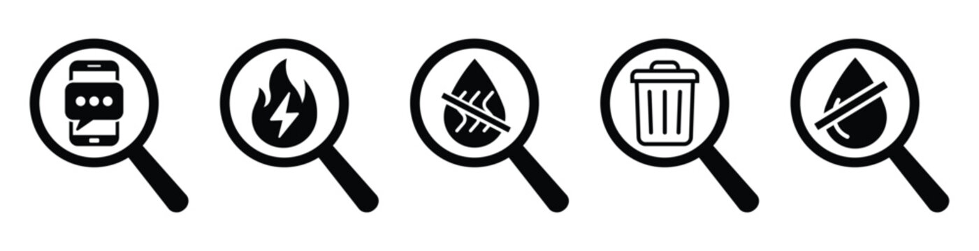 Set of five minimalist magnifying glass icons featuring smartphone chat message, electric fire energy, crossed leaf allergy free, trash bin, and crossed water drop no liquid symbol. Black outline pict
