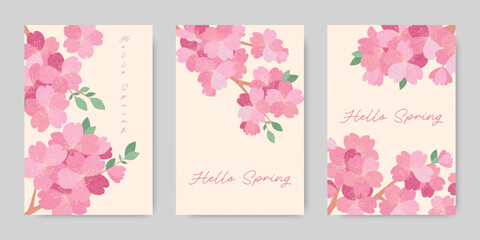 A spring card set featuring a hand-drawn illustration of cherry blossoms. A template for postcard designs, covers, posters, and weddings. © sunshinys