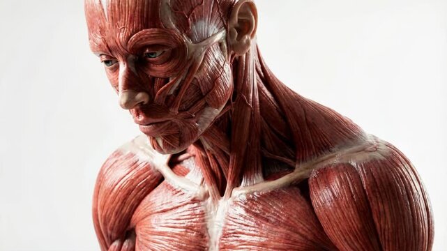 Detailed 3D render of human muscular system on white background. Anatomical model of male torso and head turning. Medical education and biology physiology science concept